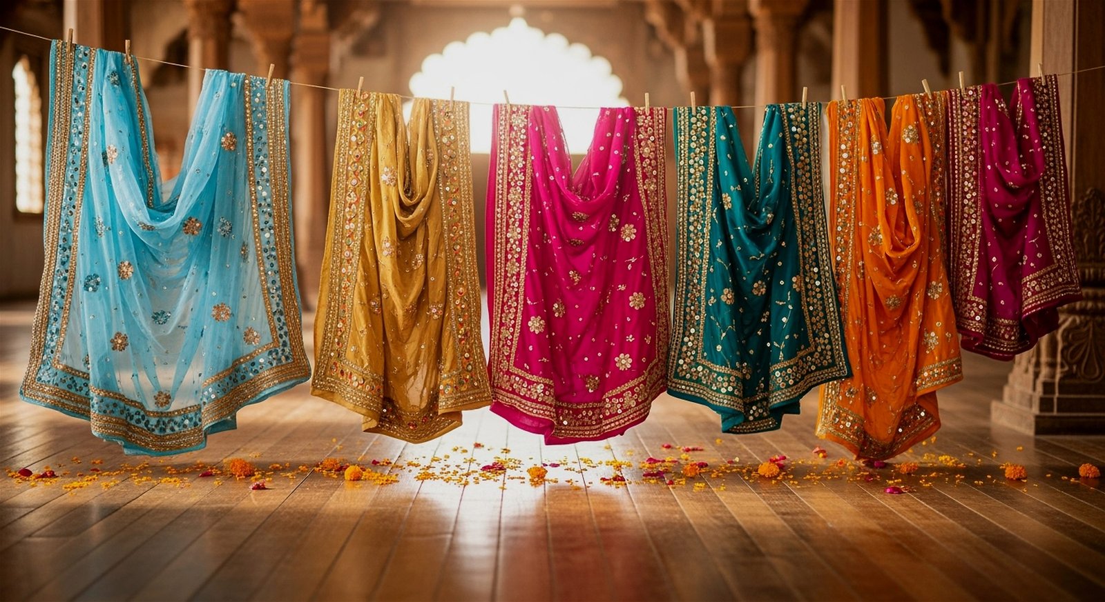 vibrant indian sarees hanging palace interior.